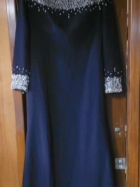 Beaded Dark Navy Long-Sleeve Evening Dress